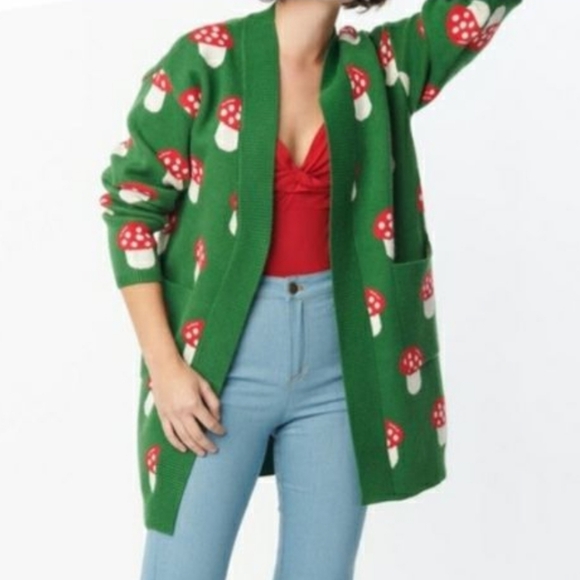 Unique Vintage Sweaters - 🍄 Open Front Long Mushroom Sweater